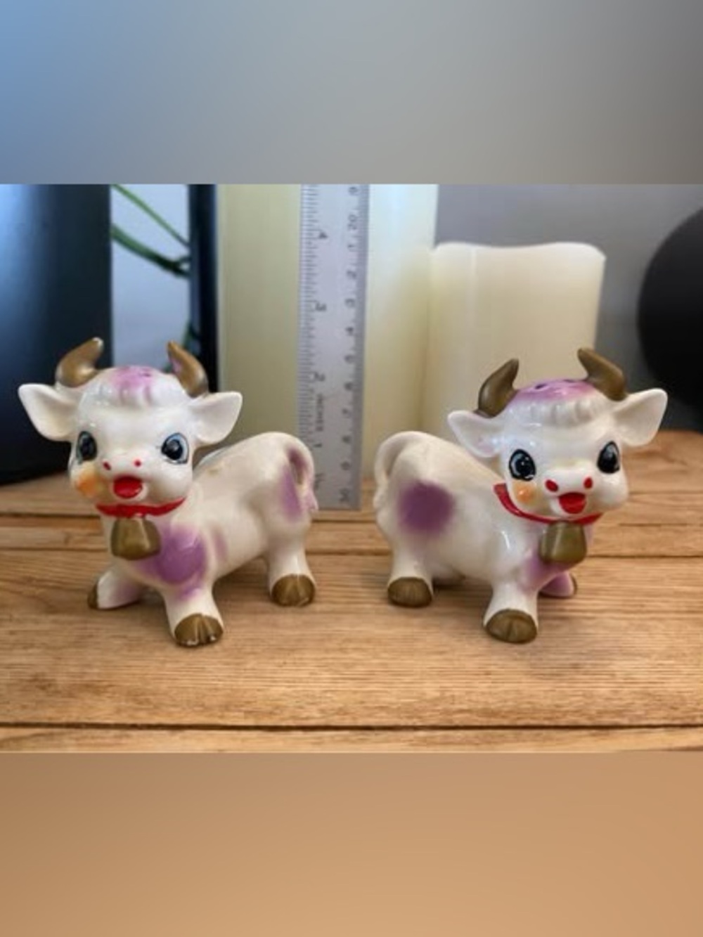 Vintage Japanese Porcelain Purple Cow Salt & Pepper Shakers Gold Accent MCM